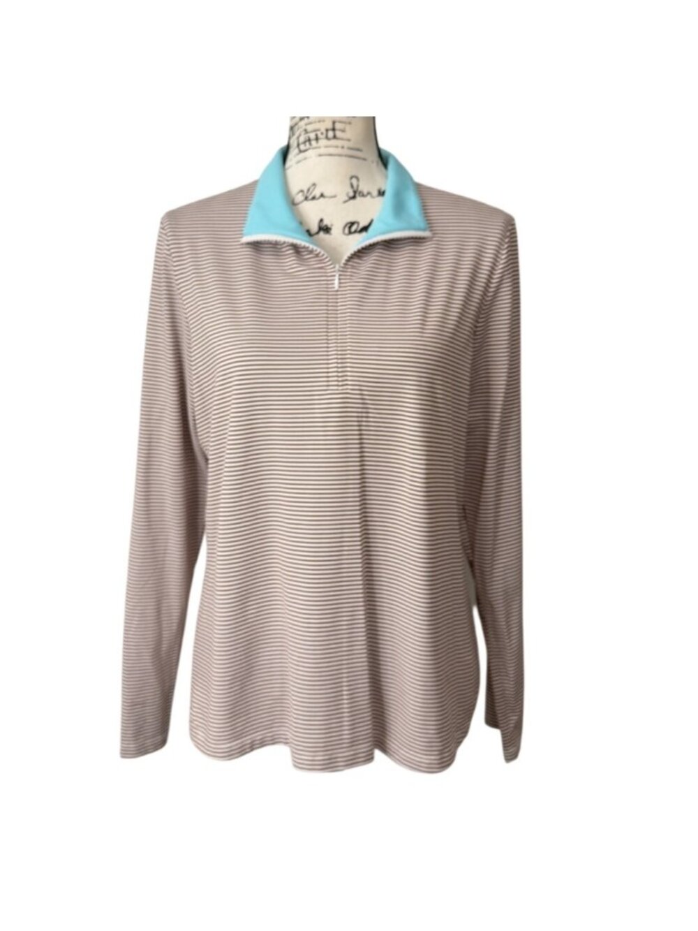 J. McLaughlin Womens Size L Top 1/4 Zip Long Sleeve Brown Striped Teal-Collar
